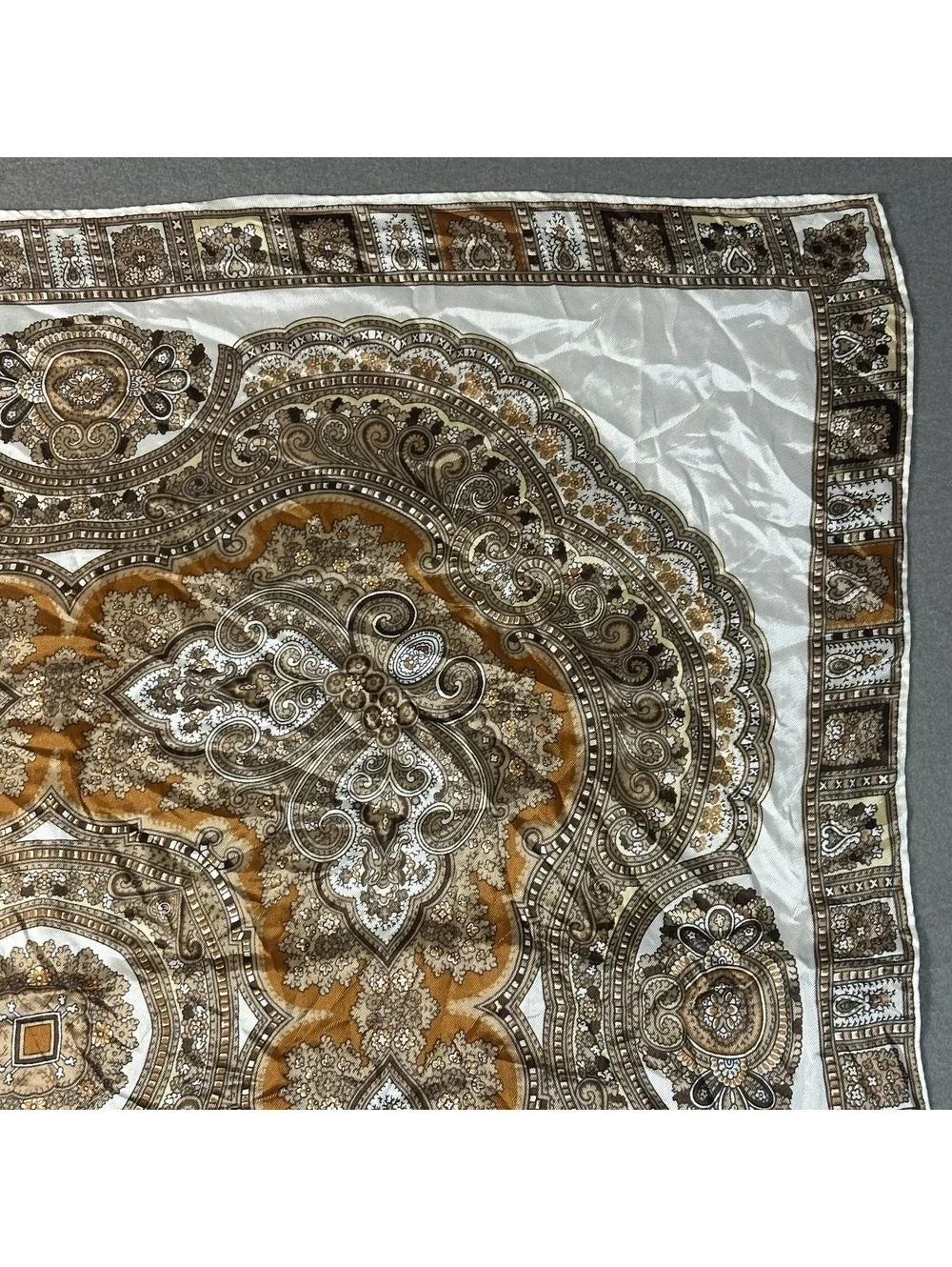 Vintage Square Mandala Pattern Silky Scarf in Cream and Brown